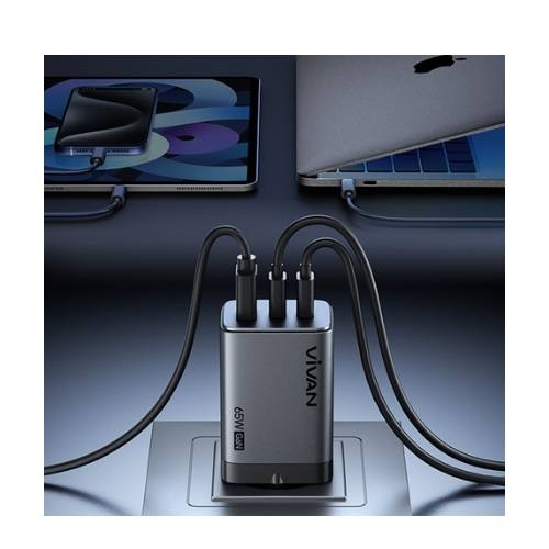 Adaptor Vivan GAN65 Silvery 65W (USB A + 2 TYPE-C)