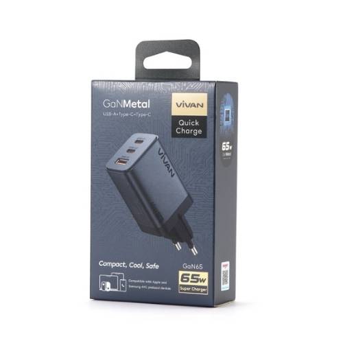 ADAPTOR VIVAN GAN65 SILVERY 65W (USB A + 2 TYPE-C) (4) ADAPTOR VIVAN GAN65 SILVERY 65W (USB A + 2 TYPE-C) (4)