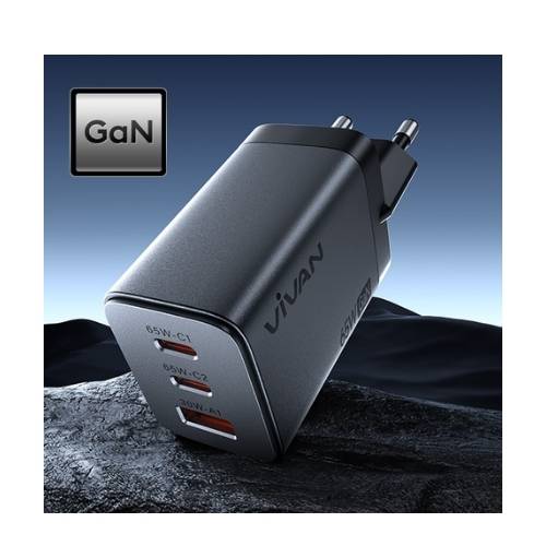 ADAPTOR VIVAN GAN65 SILVERY 65W (USB A + 2 TYPE-C) ADAPTOR VIVAN GAN65 SILVERY 65W (USB A + 2 TYPE-C)